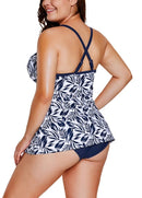 Women Plus Size Swimsuit Two Piece Set Plunge V Leaves Print Wirless Padded Cross Over Strap Sexy Swimwear