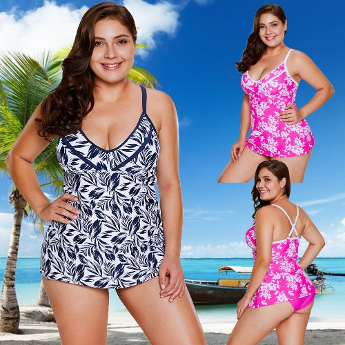 Women Plus Size Swimsuit Two Piece Set Plunge V Leaves Print Wirless Padded Cross Over Strap Sexy Swimwear