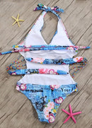 Women One Piece Swimsuit Deep V Halter Floral Letters Butterfly Print Bandage Cut Out Backless Sexy Monokini