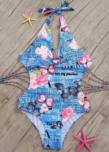 Women One Piece Swimsuit Deep V Halter Floral Letters Butterfly Print Bandage Cut Out Backless Sexy Monokini