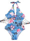 Women One Piece Swimsuit Deep V Halter Floral Letters Butterfly Print Bandage Cut Out Backless Sexy Monokini