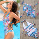 Women One Piece Swimsuit Deep V Halter Floral Letters Butterfly Print Bandage Cut Out Backless Sexy Monokini