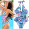 Women One Piece Swimsuit Deep V Halter Floral Letters Butterfly Print Bandage Cut Out Backless Sexy Monokini