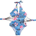 Women One Piece Swimsuit Deep V Halter Floral Letters Butterfly Print Bandage Cut Out Backless Sexy Monokini