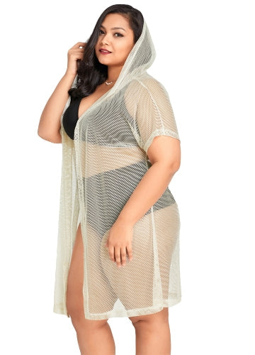 Sexy Women Bikini Cover Up Fishnet Hollow Out Hooded Cardigan Plus Size Outerwear Beachwear Beige