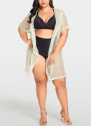 Sexy Women Bikini Cover Up Fishnet Hollow Out Hooded Cardigan Plus Size Outerwear Beachwear Beige