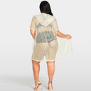 Sexy Women Bikini Cover Up Fishnet Hollow Out Hooded Cardigan Plus Size Outerwear Beachwear Beige