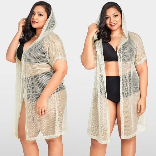 Sexy Women Bikini Cover Up Fishnet Hollow Out Hooded Cardigan Plus Size Outerwear Beachwear Beige