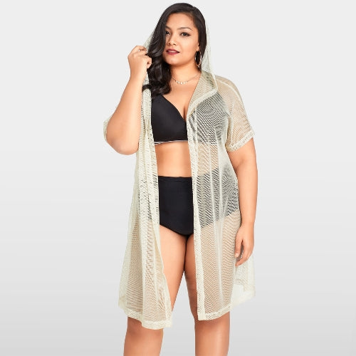 Sexy Women Bikini Cover Up Fishnet Hollow Out Hooded Cardigan Plus Size Outerwear Beachwear Beige