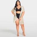 Sexy Women Bikini Cover Up Fishnet Hollow Out Hooded Cardigan Plus Size Outerwear Beachwear Beige