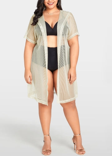 Sexy Women Bikini Cover Up Fishnet Hollow Out Hooded Cardigan Plus Size Outerwear Beachwear Beige