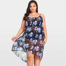 Sexy Women Sheer Chiffon Floral Bikini Cover Up Transparent Sleeveless Asymmetric Beachwear Mini Dress Dark Blue