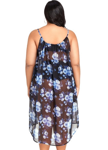 Sexy Women Sheer Chiffon Floral Bikini Cover Up Transparent Sleeveless Asymmetric Beachwear Mini Dress Dark Blue