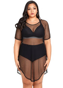 Women Plus Size Cover Up Net See Through Hollow Out Holes Sexy Bikini Beach Dress Wear Black