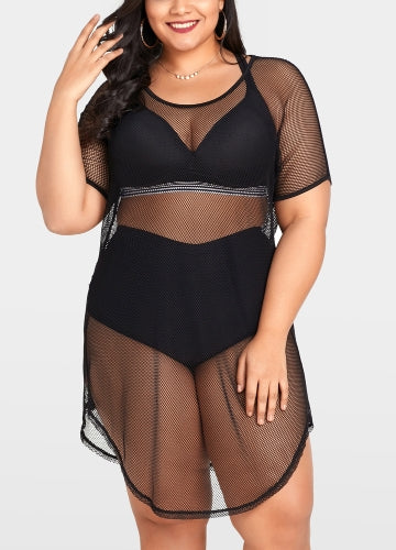 Women Plus Size Cover Up Net See Through Hollow Out Holes Sexy Bikini Beach Dress Wear Black