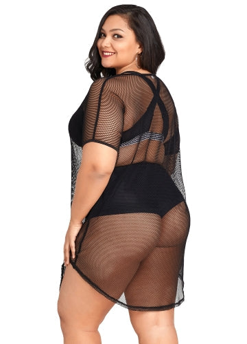 Women Plus Size Cover Up Net See Through Hollow Out Holes Sexy Bikini Beach Dress Wear Black