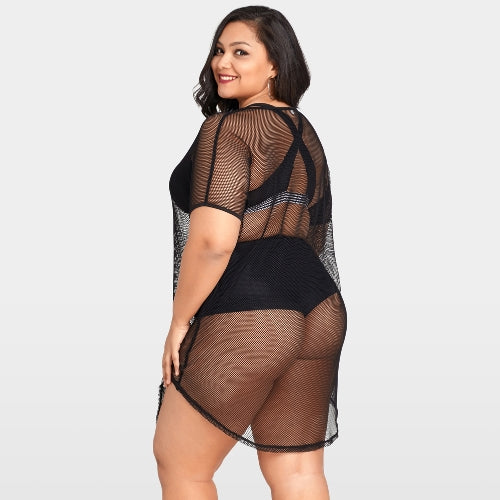 Women Plus Size Cover Up Net See Through Hollow Out Holes Sexy Bikini Beach Dress Wear Black