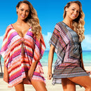 Sexy Women Beach Cover Up Dress Bohemian Geometric Print V-Neck Batwing Sleeves Loose Swimwear