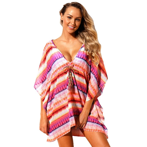 Sexy Women Beach Cover Up Dress Bohemian Geometric Print V-Neck Batwing Sleeves Loose Swimwear