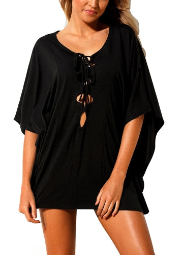 Sexy Women Beach Cover Up Lace Up Kaftan Swimwear Beachwear Loose Bikini Dress Black/White