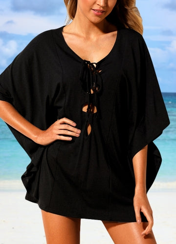 Sexy Women Beach Cover Up Lace Up Kaftan Swimwear Beachwear Loose Bikini Dress Black/White