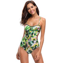 Sexy Women One Piece Swimsuit Swimwear Leaf Print Cut Out Bandage Bathing Suit Backless Beachwear Monokini Green