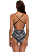 Women One Piece Swimsuit Geometric Print Bandage Cross Over Open Back High Waist Sexy Monokini