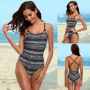 Women One Piece Swimsuit Geometric Print Bandage Cross Over Open Back High Waist Sexy Monokini