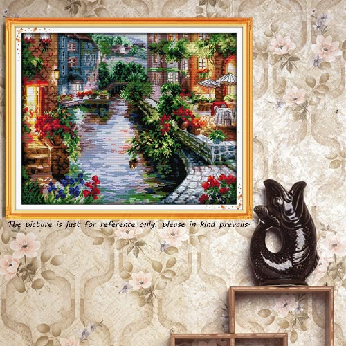 DIY Handmade Needlework Counted Cross Stitch Set Embroidery Kit 14CT Lakeside Houses Pattern Cross-Stitching 50 * 41cm Home Decoration