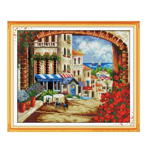 DIY Handmade Needlework Counted Cross Stitch Set Embroidery Kit 14CT Mediterranean Scenery Pattern Cross-Stitching 45 * 38cm Home Decoration