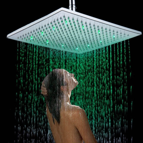 12" Chrome Finish LED Square Shower Spray Sprinkler Head Temperature Sensor 3 Color Changing