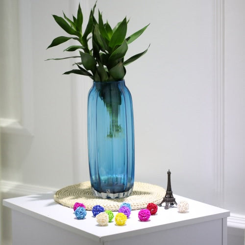 CASAMOTION 31cm Hand Blown Modern Ribbed Design Glass Vase Home Art Decoration Floral Arrangements Straight Shape