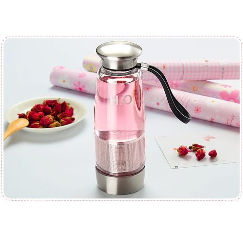 400ml Portable Water Cup Bottle Environmental High Borosilicate Glass Removable Stainless Steel Bottom Filter