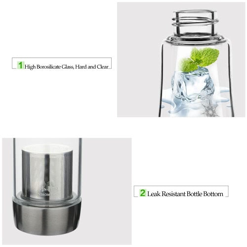 400ml Portable Water Cup Bottle Environmental High Borosilicate Glass Removable Stainless Steel Bottom Filter