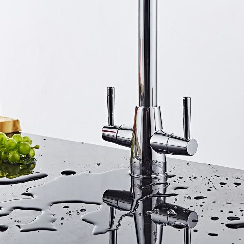 Homgeek Modern High-quality Double Handle Hot and Cold Water Deck Mount Kitchen Faucet Swivel Spout Brass Chromed Polished Sink Basin Tap Home Hotel