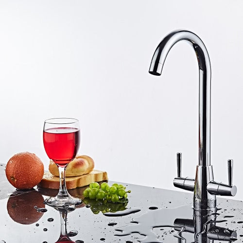 Homgeek Modern High-quality Double Handle Hot and Cold Water Deck Mount Kitchen Faucet Swivel Spout Brass Chromed Polished Sink Basin Tap Home Hotel