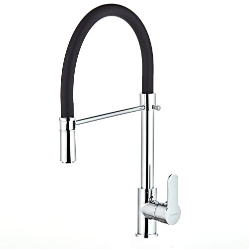 Homgeek Elegant High-quality Single Handle Hole Kitchen Faucet Swivel Spout Pull Out Sprayer Brass Chromed Polished Deck Mount Basin Mixer Tap with Black Hose