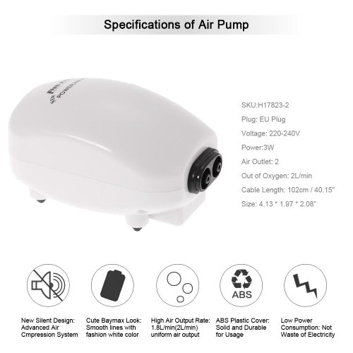 Ultra Silent Aquarium Air Pump Double Outlet 3W 220-240V EU Plug Fish Tank Oxygen Airpump