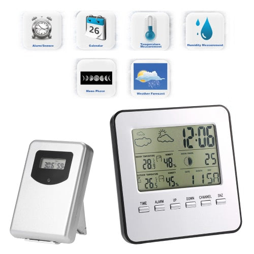 Multi-functional Wireless Weather Station Clock LCD Digital Indoor Outdoor Thermometer Hygrometer Calendar Alarm Moon Phase Display