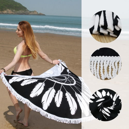 150cm Diameter Round Indian Mandala Beach Towel Wall Hanging Tapestry Mat Picnic Blanket Beach Shawl with Fringe Tassels for Holiday Travel