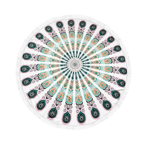 150cm Diameter Round Indian Mandala Beach Towel Wall Hanging Tapestry Mat Picnic Blanket Beach Shawl with Fringe Tassels for Holiday Travel