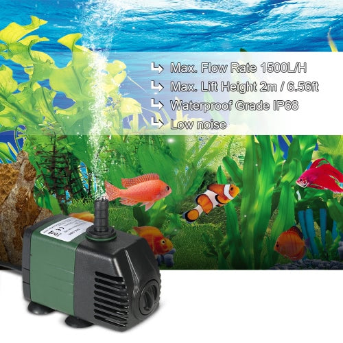 1500L/H 25W Submersible Water Pump for Aquarium Tabletop Fountains Pond Water Gardens and Hydroponic Systems with 2 Nozzles AC110V