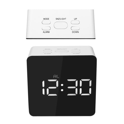 Digital LED Mirror Clock 12H/24H Alarm and Snooze Function °C/°F Indoor Thermometer Adjustable LED Luminance