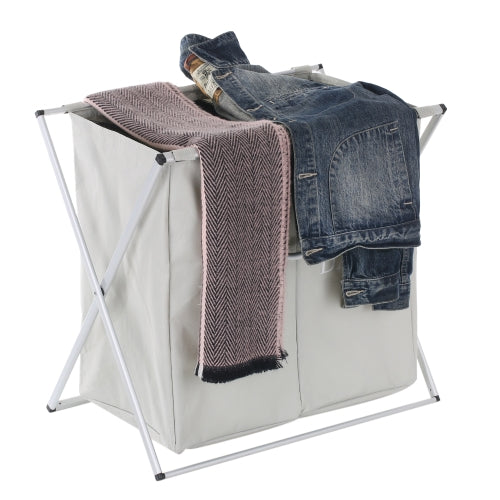 2 Sections Foldable X-frame Oxford Laundry Basket Hamper Mesh Drawstring Dirty Clothes Bin Organizer with Detachable Aluminum Frames