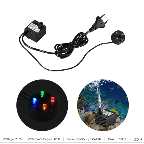 180L/H 2.5W Submersible Water Pump with 4 LED Light Ultra Quiet for Pond Aquarium Fish Tank Tabletop Fountain Hydroponics 4.9ft (1.5m) Power Cord