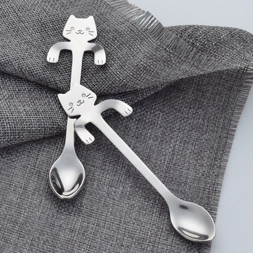 Cute Cat Spoon Long Handle Mini Flatware Coffee Stainless Steel Drinking Seasoning Tools Hanging Up Teaspoon Kitchen Gadget 11.8*1.8 cm Ice Cream Desert Tea Spoons