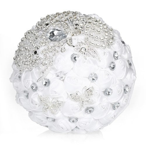 18cm Handmade Wedding Brooch Rhinestone Bridal Bouquet Satin Rose Flower for Bride Wedding Supplies--White