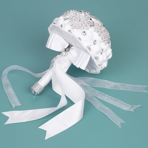 18cm Handmade Wedding Brooch Rhinestone Bridal Bouquet Satin Rose Flower for Bride Wedding Supplies--White