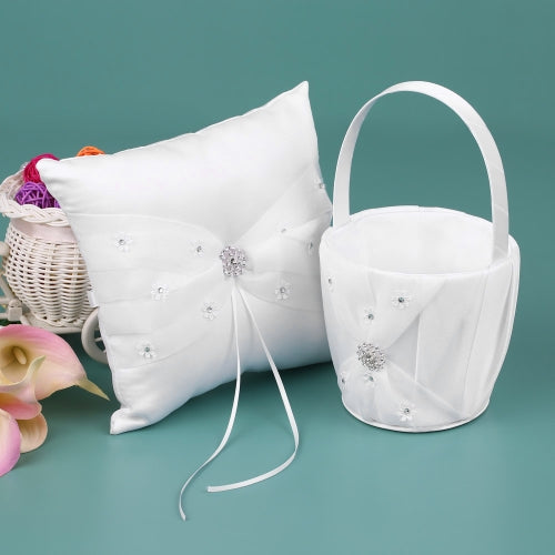 7 * 7 inches White Satin Rhinestone Decorated Ring Bearer Pillow and Wedding Flower Girl Basket Set