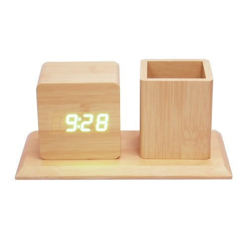 Mini Wooden Alarm Clock Equiped with Pen Case Digital Silent Clocks Functional Student Gift